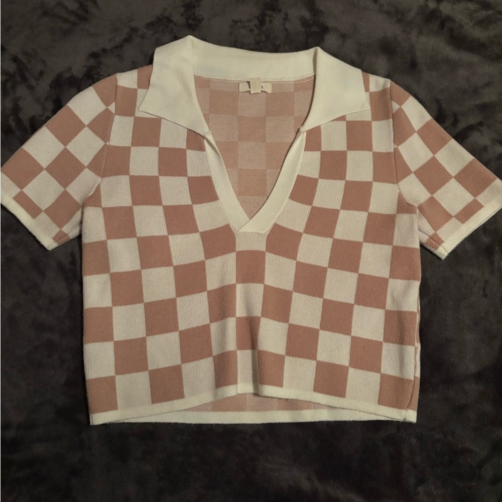 Checkerboard Knit Polo Crop Top - Tan & White